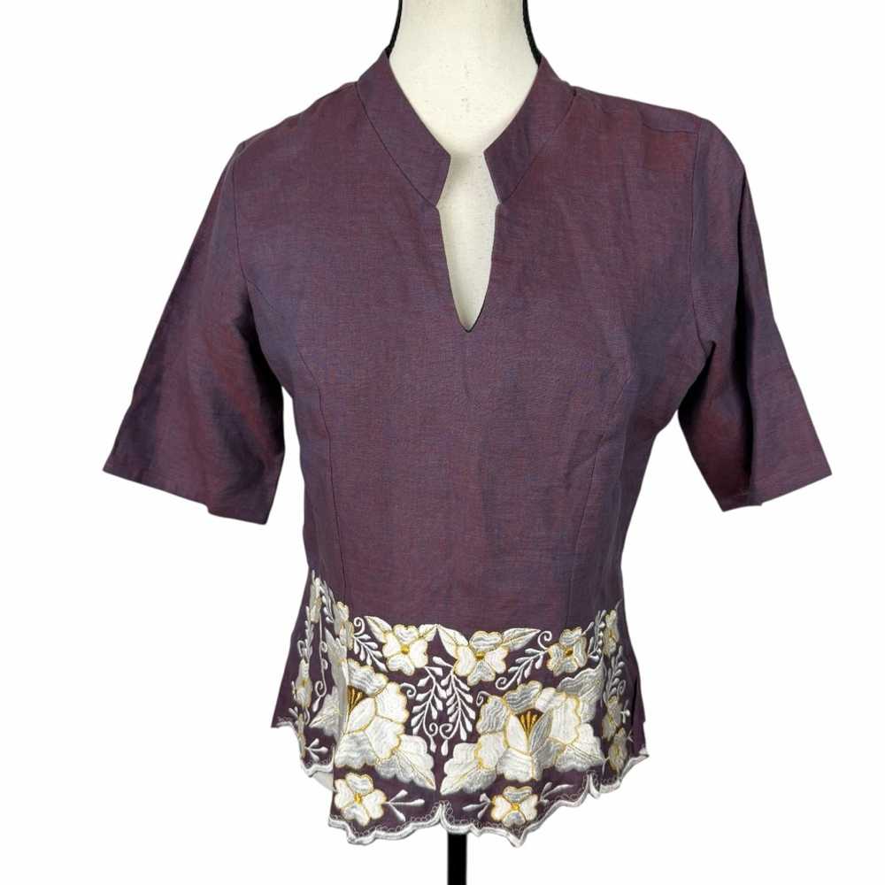 Vintage Inspired Embroidered Linen Blend Blouse Cottagecore Boho Dark Academia M - Picture 2 of 11